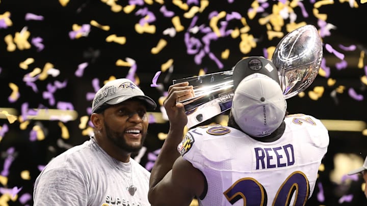 Feb 3, 2013; New Orleans, LA, USA; Baltimore Ravens safety Ed Reed (20) kisses the Vince Lombardi