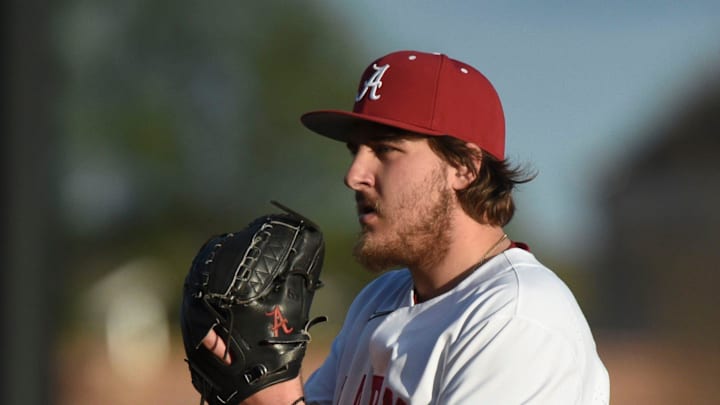 Feb 23, 2024; Tuscaloosa, Alabama, USA; Alabama starting pitcher Ben Hess prepares to make a pitch during the opening game of the weekend series with Valparaiso at Sewell-Thomas Stadium.