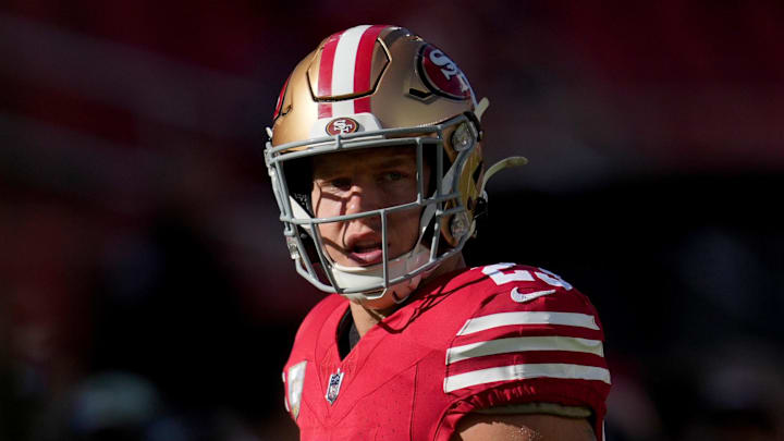Nov 9, 2025; Santa Clara, California, USA; San Francisco 49ers running back Christian McCaffrey (23) walks on the field prior to the game against the Los Angeles Rams at Levi's Stadium. Mandatory Credit: Cary Edmondson-Imagn Images