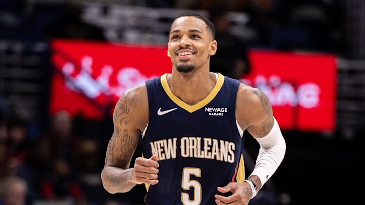 Mar 18, 2026; New Orleans, Louisiana, USA;  New Orleans Pelicans guard Dejounte Murray (5) looks on against the LA Clippers during second half at Smoothie King Center. Mandatory Credit: Stephen Lew-Imagn Images