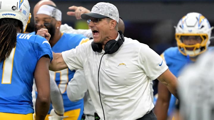 Nov 10, 2024; Inglewood, California, USA; Los Angeles Chargers head coach Jim Harbaugh reacts after a touchdown in the second half against the Tennessee Titans at SoFi Stadium. Mandatory Credit: Jayne Kamin-Oncea-Imagn Images