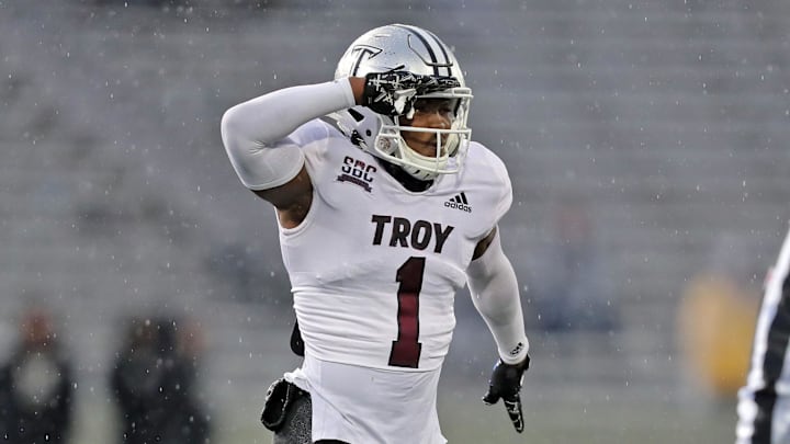 Oct 14, 2023; West Point, New York, USA; Troy Trojans safety Dell Pettus (1) salutes to celebrate a