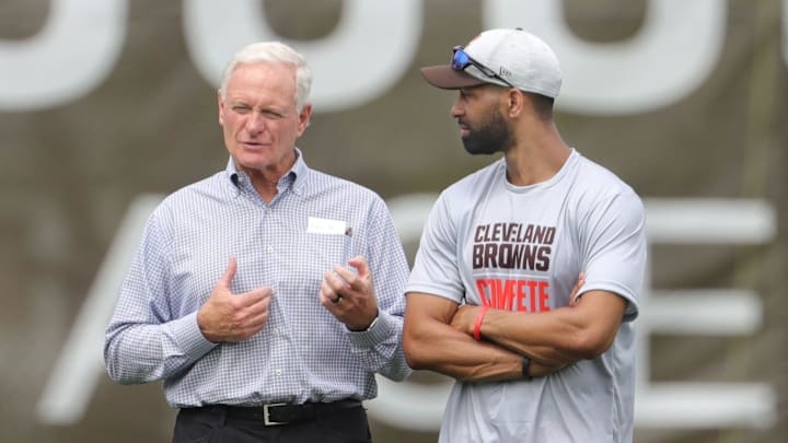 Browns owner Jimmy Haslam and GM Andrew Berry talk during practice, Wednesday, May 25, 2022, in Berea.