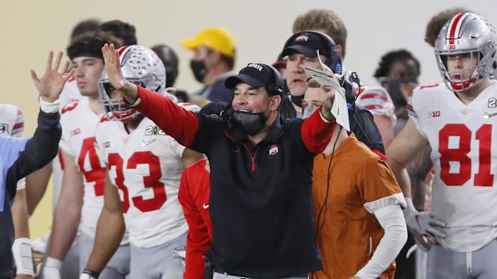 Jan. 11, 2021; Miami Gardens, Florida, USA; Ohio State Buckeyes head coach Ryan Day yells from the sideline during the fourth quarter of the College Football Playoff National Championship against the Alabama Crimson Tide at Hard Rock Stadium in Miami Gardens, Fla. Mandatory Credit: Kyle Robertson-Imagn Images