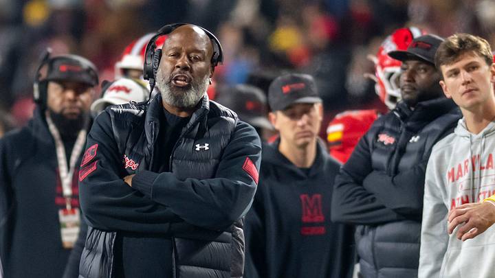 Maryland Terrapins head coach Mike Locksley walks the sidelines during the second half at SECU Stadium. Maryland Terrapins head coach Mike Locksley walks the sidelines during the second half at SECU Stadium.