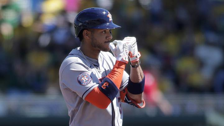 Apr 4, 2026; West Sacramento, California, USA; Houston Astros shortstop Jeremy Peña (3) reacts after hitting a double during the first inning against the Athletics at Sutter Health Park. 