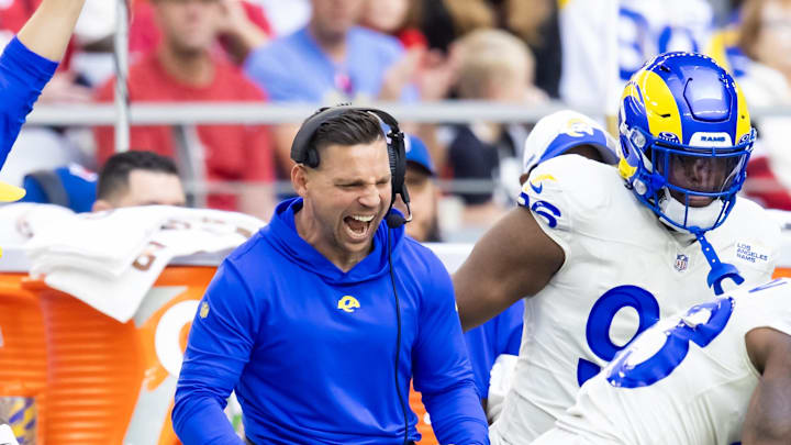 Nov 26, 2023; Glendale, Arizona, USA; Los Angeles Rams pass game coordinator Chris Shula against the Arizona Cardinals at State Farm Stadium. Mandatory Credit: Mark J. Rebilas-Imagn Images