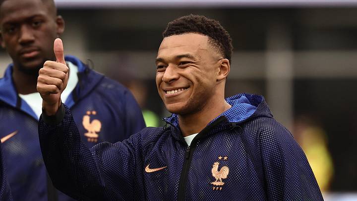 Mar 26, 2026; Foxborough, Massachusetts, USA; France forward Kylian Mbappe (10) smiles before their friendly against Brazil at Gillette Stadium. Mandatory Credit: Winslow Townson-Imagn Images