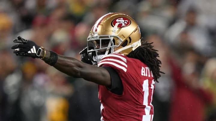 January 20, 2024; Santa Clara, CA, USA; San Francisco 49ers wide receiver Brandon Aiyuk (11) reacts during the fourth quarter against the Green Bay Packers in a 2024 NFC divisional round game at Levi's Stadium. Mandatory Credit: Kyle Terada-USA TODAY Sports January 20, 2024; Santa Clara, CA, USA; San Francisco 49ers wide receiver Brandon Aiyuk (11) reacts during the fourth quarter against the Green Bay Packers in a 2024 NFC divisional round game at Levi's Stadium. Mandatory Credit: Kyle Terada-USA TODAY Sports