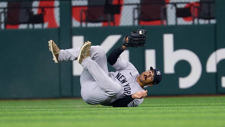 Apr 28, 2026; Arlington, Texas, USA; New York Yankees center fielder Trent Grisham (12) makes a diving catch during the first inning against the Texas Rangers at Globe Life Field. Mandatory Credit: Kevin Jairaj-Imagn Images Apr 28, 2026; Arlington, Texas, USA; New York Yankees center fielder Trent Grisham (12) makes a diving catch during the first inning against the Texas Rangers at Globe Life Field. Mandatory Credit: Kevin Jairaj-Imagn Images