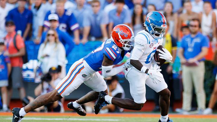 Sep 26, 2026; Gainesville, Florida, USA; Mississippi Rebels wide receiver Johntay Cook II (0) runs against Florida Gators cornerback Dijon Johnson (27) during the first half at Ben Hill Griffin Stadium. Mandatory Credit: Matt Pendleton-Imagn Images Sep 26, 2026; Gainesville, Florida, USA; Mississippi Rebels wide receiver Johntay Cook II (0) runs against Florida Gators cornerback Dijon Johnson (27) during the first half at Ben Hill Griffin Stadium. Mandatory Credit: Matt Pendleton-Imagn Images