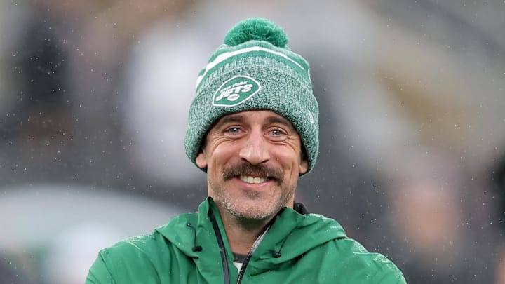 Dec 3, 2023; East Rutherford, New Jersey, USA; New York Jets quarterback Aaron Rodgers (8) watches