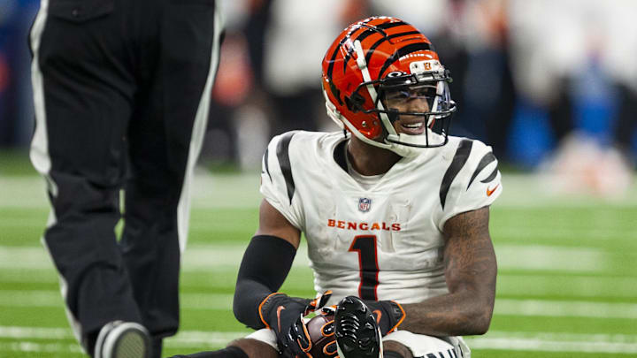 Oct 17, 2021; Detroit, Michigan, USA; Cincinnati Bengals wide receiver Ja'Marr Chase (1) smiles after making a catch during the third quarter against the Detroit Lions at Ford Field. Mandatory Credit: Raj Mehta-Imagn Images Oct 17, 2021; Detroit, Michigan, USA; Cincinnati Bengals wide receiver Ja'Marr Chase (1) smiles after making a catch during the third quarter against the Detroit Lions at Ford Field. Mandatory Credit: Raj Mehta-Imagn Images