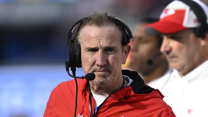 Jan 7, 2024; Inglewood, California, USA; Kansas City Chiefs defensive coordinator Steve Spagnuolo looks on during the first half against the Los Angeles Chargers at SoFi Stadium. Mandatory Credit: Orlando Ramirez-Imagn Images