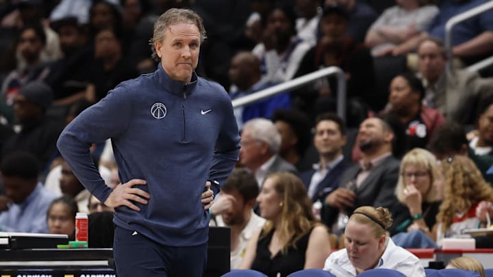 Apr 1, 2026; Washington, District of Columbia, USA; Washington Wizards head coach Brian Keefe looks on from the bench against the Philadelphia 76ers in the second half at Capital One Arena. Mandatory Credit: Geoff Burke-Imagn Images Apr 1, 2026; Washington, District of Columbia, USA; Washington Wizards head coach Brian Keefe looks on from the bench against the Philadelphia 76ers in the second half at Capital One Arena. Mandatory Credit: Geoff Burke-Imagn Images