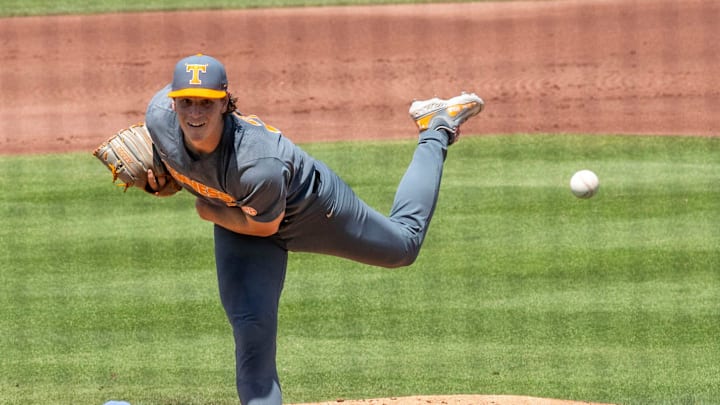 Tennessee's pitcher Chris Stamos (27) was the starter for the Volunteers, Friday, May 3, 2024, at Condron Family Ballpark in Gainesville, Florida. The Gators fell to Tennessee 6-2 in the first game of the doubleheader. [Cyndi Chambers/ Gainesville Sun] 2024