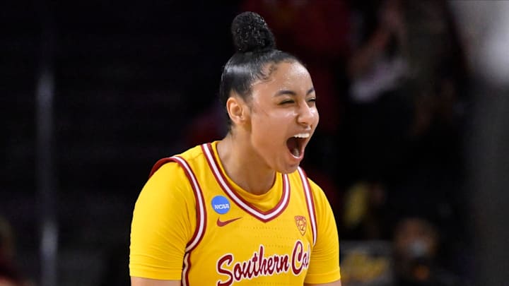 USC Trojans guard JuJu Watkins celebrates during a NCAA Women’s Tournament 2nd round game against the Kansas Jayhawks at Galen Center.