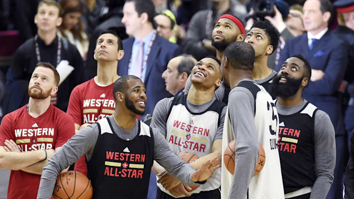 Feb 13, 2016; Toronto, Ontario, Canada; Western Conference guard Chris Paul of the Los Angeles Clippers (left) jokes with Russell Westbrook (middle) and Kevin Durant (right) of the Oklahoma City Thunder during practice for the NBA All Star Game at Ricoh Coliseum. Mandatory Credit: Peter Llewellyn-Imagn Images