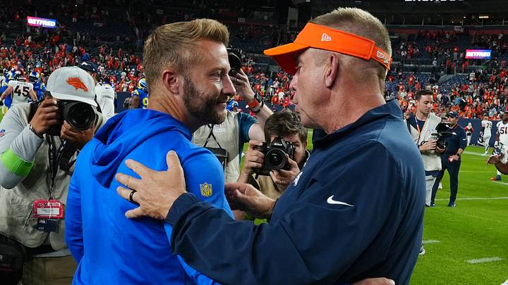 Aug 26, 2023; Denver, Colorado, USA; Denver Broncos head coach Sean Payton (right) greets Los Angeles Rams head coach Sean McVay following the preseason game at Empower Field at Mile High. Mandatory Credit: Ron Chenoy-USA TODAY Sports Aug 26, 2023; Denver, Colorado, USA; Denver Broncos head coach Sean Payton (right) greets Los Angeles Rams head coach Sean McVay following the preseason game at Empower Field at Mile High. Mandatory Credit: Ron Chenoy-USA TODAY Sports