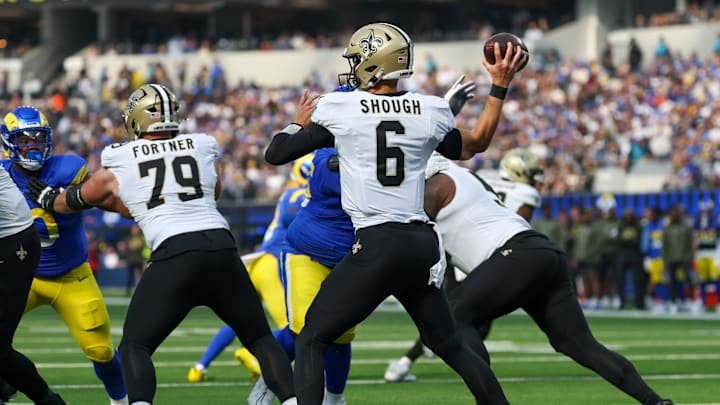 Nov 2, 2025; Inglewood, California, USA; New Orleans Saints quarterback Tyler Shough (6) throws downfield against the Los Angeles Rams during the first half at SoFi Stadium. 