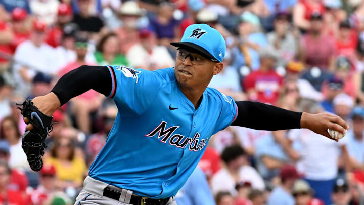 Miami Marlins  pitcher Jesus Luzardo (44) throws a pitch in the first inning of the spring training game against the Philadelphia Phillies at BayCare Ballpark on March 1.