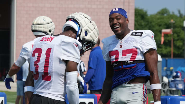 East Rutherford, NJ -- August 1, 2024 -- Safety, Tyler Nubin and safety, Jason Pinnock dancing during practice today at training camp for the New York Giants.