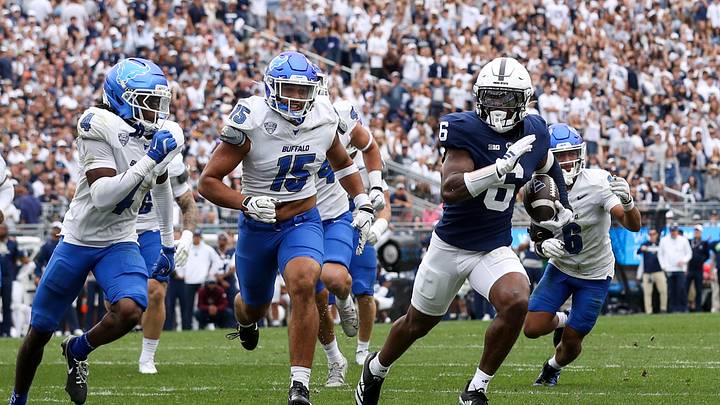 Penn State Nittany Lions wide receiver Koby Howard (6) runs the ball for a touchdown against the Buffalo Bulls at Beaver Stadium. 