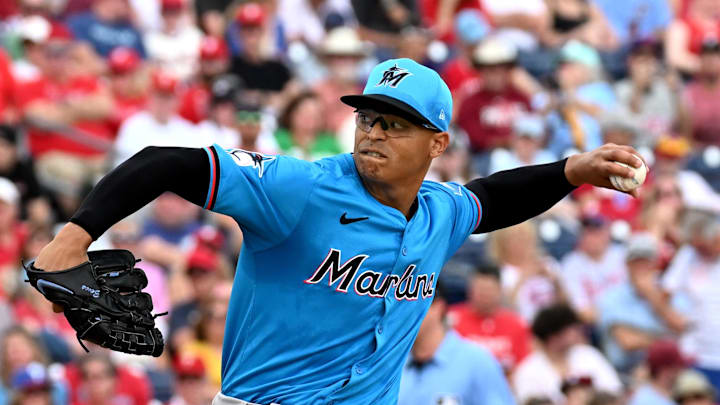 Mar 1, 2024; Clearwater, Florida, USA;  Miami Marlins  pitcher Jesus Luzardo (44) throws a pitch in