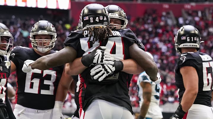 Oct 31, 2021; Atlanta, Georgia, USA; Atlanta Falcons running back Cordarrelle Patterson (84) gets a
