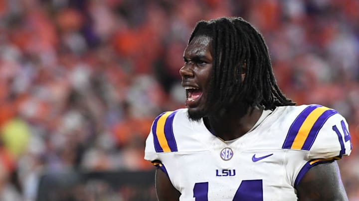 LSU Tigers tight end Trey'Dez Green (14) celebrates Saturday, Aug. 30, 2025 after the NCAA football game against the Clemson Tigers at Memorial Stadium in Clemson, South Carolina. LSU Tigers won 17-10.