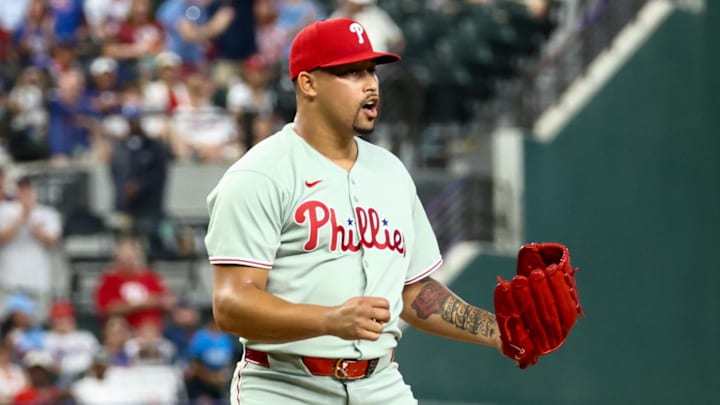 Philadelphia Phillies relief pitcher Jhoan Duran (59) reacts after the game against the Texas Rangers at Globe Life Field. Philadelphia Phillies relief pitcher Jhoan Duran (59) reacts after the game against the Texas Rangers at Globe Life Field.