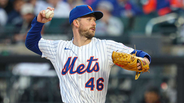 Apr 17, 2025; New York City, New York, USA; New York Mets starting pitcher Griffin Canning (46) delivers a pitch during the first inning against the St. Louis Cardinals at Citi Field. Mandatory Credit: Vincent Carchietta-Imagn Images