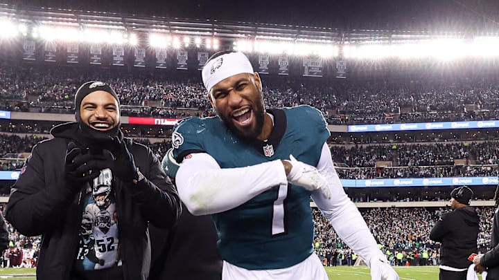 Philadelphia Eagles linebacker Haason Reddick celebrates on the sidelines in the final minutes of a victory against the San Francisco 49ers. Philadelphia Eagles linebacker Haason Reddick celebrates on the sidelines in the final minutes of a victory against the San Francisco 49ers.