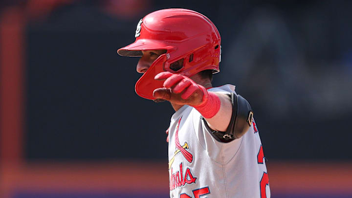 Apr 20, 2025; New York City, New York, USA; St. Louis Cardinals second baseman Thomas Saggese (25) reacts after hitting a two run double during the seventh inning against the New York Mets at Citi Field. Mandatory Credit: Vincent Carchietta-Imagn Images Apr 20, 2025; New York City, New York, USA; St. Louis Cardinals second baseman Thomas Saggese (25) reacts after hitting a two run double during the seventh inning against the New York Mets at Citi Field. Mandatory Credit: Vincent Carchietta-Imagn Images