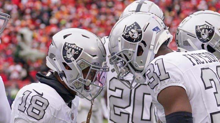Dec 25, 2023; Kansas City, Missouri, USA; Las Vegas Raiders cornerback Jack Jones (18) celebrates