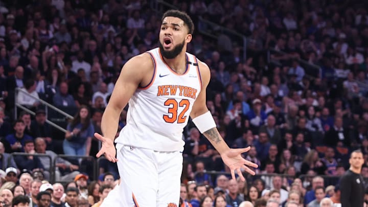 May 10, 2025; New York, New York, USA; New York Knicks center Karl-Anthony Towns (32) reacts to a no-call in the first quarter during game three of the second round for the 2025 NBA Playoffs against the Boston Celtics at Madison Square Garden. Mandatory Credit: Wendell Cruz-Imagn Images