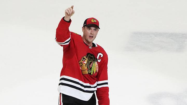 Apr 13, 2023; Chicago, Illinois, USA; Chicago Blackhawks center Jonathan Toews (19) is honored after the game against the Philadelphia Flyers. He played his last game as a Blackhawk, at United Center. Mandatory Credit: David Banks-Imagn Images
