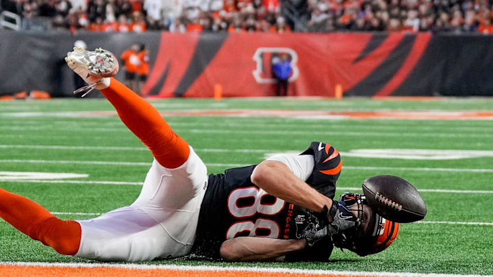 Cincinnati Bengals tight end Mike Gesicki (88) us unable to pull in a pass on the goal line in the second quarter of the NFL Week 17 game between the Cincinnati Bengals and the Denver Broncos at Paycor Stadium in downtown Cincinnati on Saturday, Dec. 28, 2024.