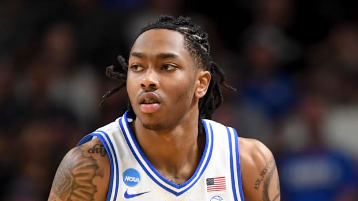 Duke Blue Devils guard Isaiah Evans (3) drives to the basket Saturday, March 21, 2026, during the NCAA Men’s Basketball Tournament second round game against the TCU Horned Frogs at Bon Secours Wellness Arena in Greenville, South Carolina.