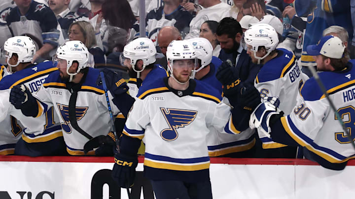 May 4, 2025; Winnipeg, Manitoba, CAN; St. Louis Blues center Radek Faksa (12) celebrates after his goal against the Winnipeg Jets in the second period in game seven of the first round of the 2025 Stanley Cup Playoffs at Canada Life Centre. Mandatory Credit: James Carey Lauder-Imagn Images