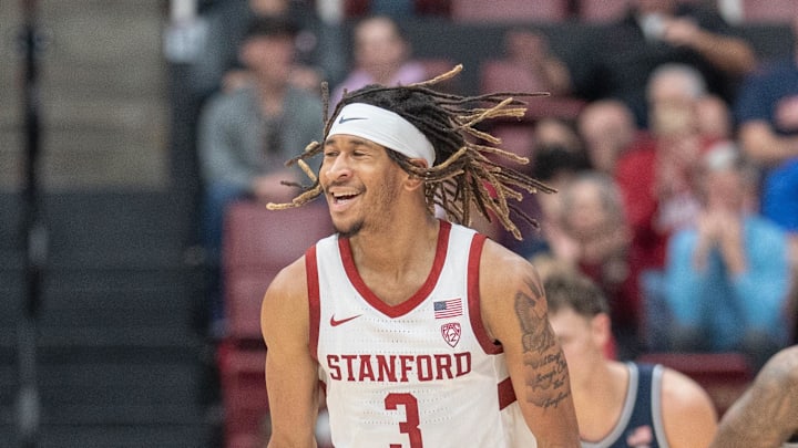 Dec 31, 2023; Stanford, California, USA; Stanford Cardinal guard Kanaan Carlyle (3) smiles during