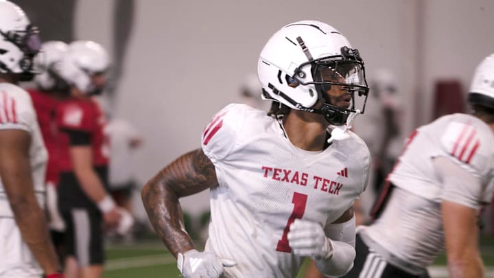 Texas Tech wide receiver Micah Hudson does a drill during football practice, Wednesday, Aug. 14, 2024, at the Sports Performance Center.