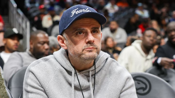 Dec 11, 2023; Atlanta, Georgia, USA; Businessman Gary Vaynerchuk watches a game between the Atlanta Hawks and Denver Nuggets in the first quarter at State Farm Arena. Mandatory Credit: Brett Davis-Imagn Images