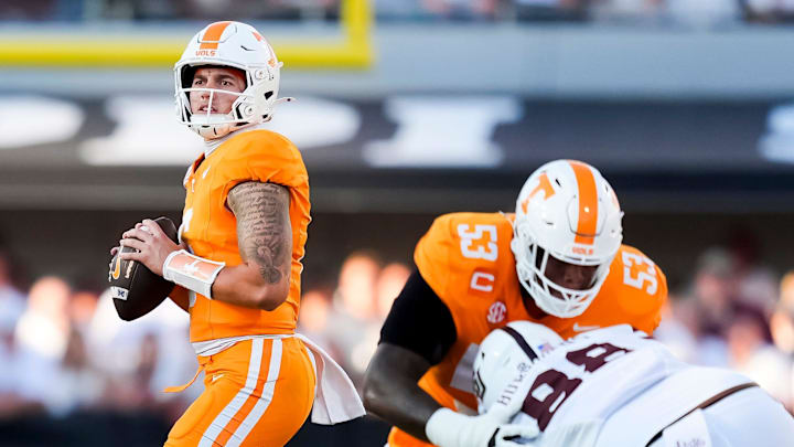 Tennessee quarterback Joey Aguilar (6) looks to throw as Tennessee offensive lineman Lance Heard (53) blocks Mississippi State defensive lineman Jamil Burroughs (88) during a college football game between Tennessee and Mississippi State at Davis Wade Stadium in Starkville, Miss., on Sept. 27, 2025.