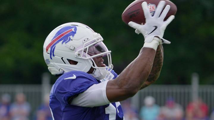 Bills Skyler Bell catches a pass at Buffalo Bills Training Camp at St. John Fisher University in Pittsford on Aug. 6, 2026. Bills Skyler Bell catches a pass at Buffalo Bills Training Camp at St. John Fisher University in Pittsford on Aug. 6, 2026.