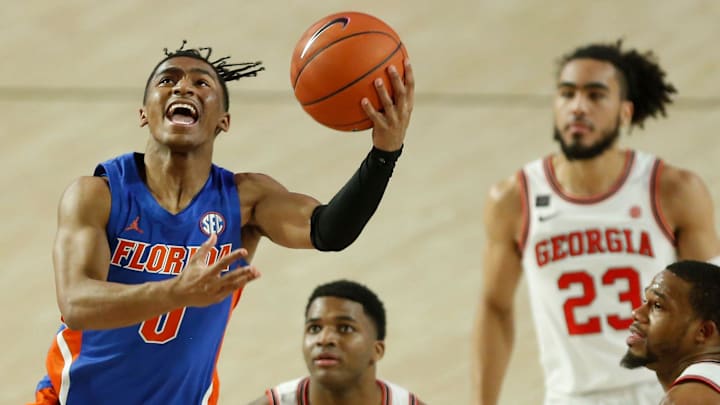 Florida guard Ques Glover (0) takes a shot during an NCAA basketball game between Georgia and Florida in Athens, Ga., on Saturday, Jan. 23, 2021. (Photo/Joshua L. Jones, Athens Banner-Herald)

News Joshua L Jones