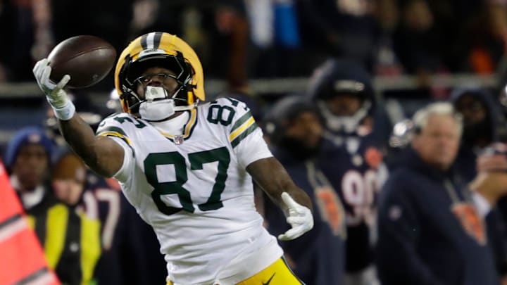 Green Bay Packers wide receiver Romeo Doubs (87) pulls down a long reception in the fourth quarter against the Chicago Bears during their wild-card playoff football game Saturday, January 10, 2026, at Soldier Field in Chicago, Illinois.