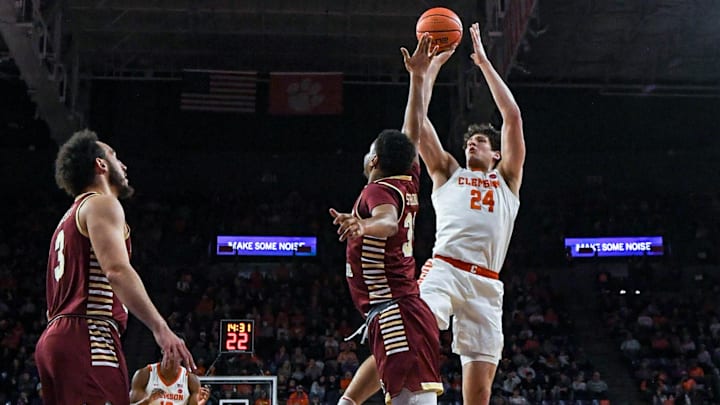 Jan 13, 2024; Clemson, South Carolina, USA; Clemson Tigers forward PJ Hall (24) shoots the ball