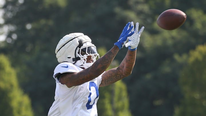 Bills wide receiver Keon Coleman pulls in a pass during day six of Buffalo Bills training camp at St. John Fisher University Tuesday, July 29, 2025 in Pittsford, NY.
