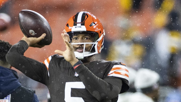 Nov 21, 2024; Cleveland, Ohio, USA; Cleveland Browns quarterback Jameis Winston (5) throws the ball during warm ups before the game against the Pittsburgh Steelers at Huntington Bank Field Stadium. Mandatory Credit: Scott Galvin-Imagn Images